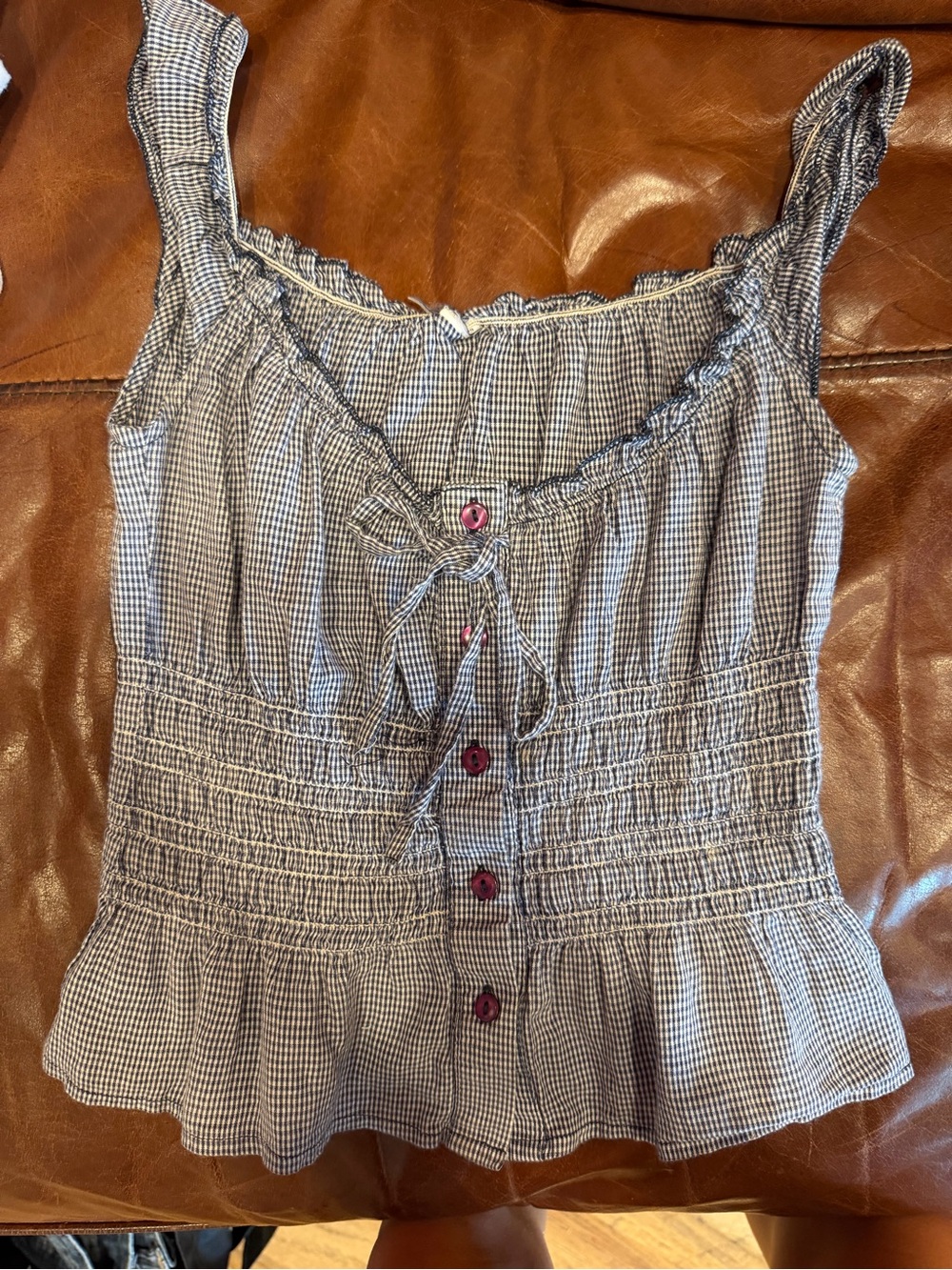 Smocked Gingham Tie-Front Tank Top - Black/White
